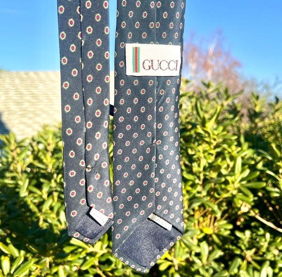 Gucci Other - Gucci Tie Navy Blue Silk Mens Necktie Narrow Geometric Pattern Red Green